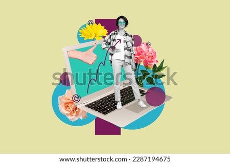Collage 3d pinup pop retro sketch image of happy cool lady standing modern device getting likes isolated painting background
