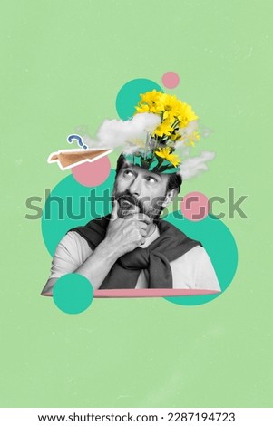 Collage artwork graphics picture of funky thoughtful guy flowers growing head isolated green background