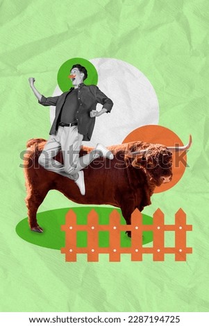Photo cartoon comics sketch collage picture of funny lucky funky guy winning rodeo ride isolated drawing background