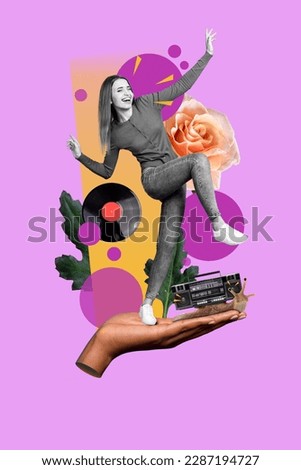 Photo collage artwork minimal picture of smiling funky lady dancing boom box songs isolated drawing background