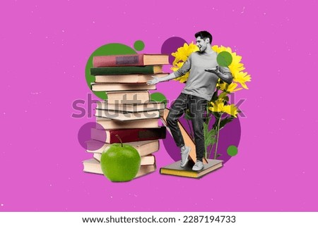 Collage artwork graphics picture of excited funny guy holding big book pile stack isolated painting background