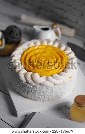 delicious Yellow mango cake for snack , Mango cake with decoration in selective focus