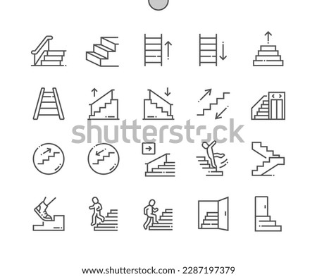 Stairs. Escalator airport, elevator. Go down, up. Emergency exit. Pixel Perfect Vector Thin Line Icons. Simple Minimal Pictogram Royalty-Free Stock Photo #2287197379