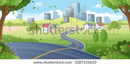 Suburb houses with road and city buildings on skyline in summer. Landscape with winding road, suburban houses and skyscrapers on the horizon.village, beautiful nature, clean air.  Vector cartoon style Royalty-Free Stock Photo #2287210633