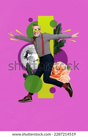 Exclusive magazine picture sketch collage image of excited funky mature guy dancing flying arms sides isolated painting background