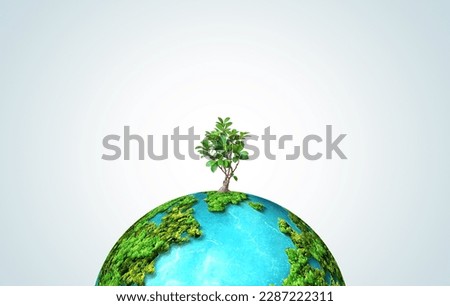 Invest in our planet. Earth day 2023 concept background. Ecology concept. Design with globe map drawing and leaves isolated on white background. 