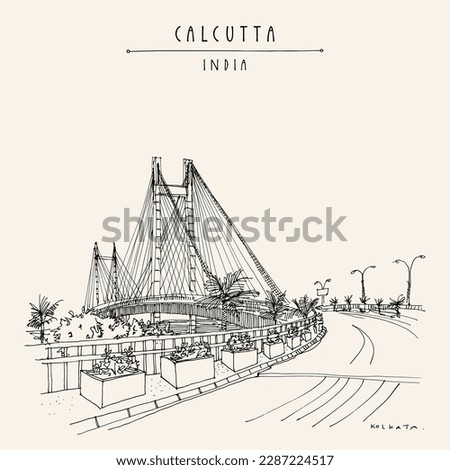 Vector Kolkata (Calcutta), India postcard. Vidyasagar Setu bridge artistic cityscape. West Bengal travel sketch. Hand drawn Calcutta touristic poster Royalty-Free Stock Photo #2287224517