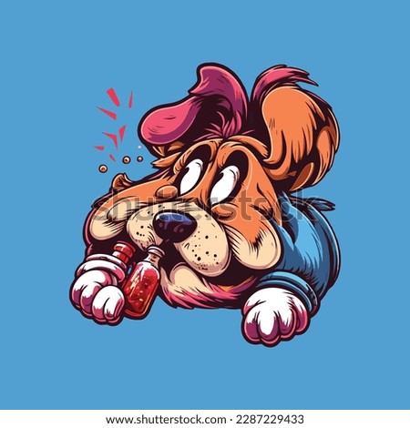 illustration of cartoon drunk dog with alcohol bottle