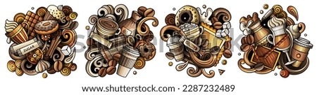 Coffee cartoon vector doodle designs set. Colorful detailed compositions with lot of cafe objects and symbols. Isolated on white illustrations