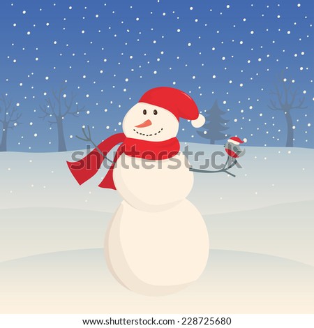 Christmas illustration. Winter landscape with funny snowman and bird. Can be used for celebration card, invitation, scrapbooking.