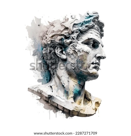 Contemporary art with antique statue head watercolor illustration. Work of art of the era of excitement. Hand drawing illustration Period of Renaissance. Sculpture of Michelangelo.