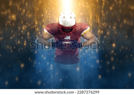 Horisontal banner for website header. Visual with American football player banner. Template for a sports marketing with copy space. Mockup for betting advertisement.