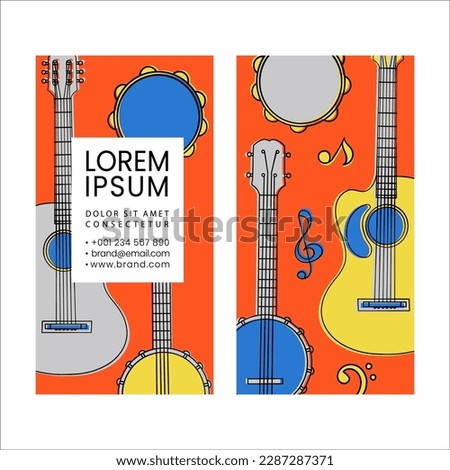 GUITAR BANJO TAMBOURINE Country Music Lesson Acoustic Instruments Music Teacher Business Card Bright Templates Education Clip Art Vector Illustration Set