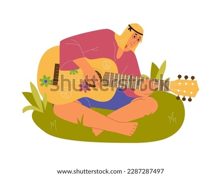 Man hippie sitting on the grass barefoot playing the guitar flat vector illustration. Man from the 70s. 