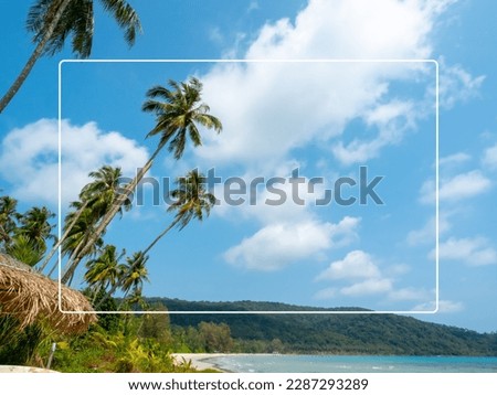 White line frame on seascape background. Summer background with tropical coconut palm tree, island, sea and sandy beach on blue sky on sunny day, summertimes scene, holiday vacation poster concept.