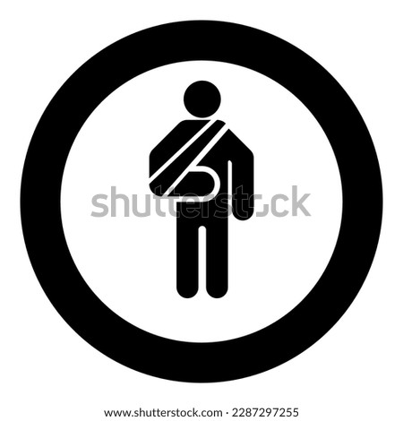Man with broken arm hand gypsum injured stick using sticks person trauma concept elastic bandage on human immobilize support bone sling cast fracture trauma icon in circle round black color vector  Royalty-Free Stock Photo #2287297255