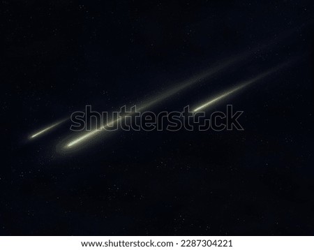 Bright meteor trails. Three shooting stars at night. Glowing meteorites in the sky.