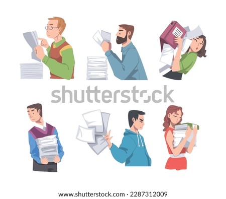 People Characters with Pile of Papers and Files as Correspondence Administration Vector Illustration Set