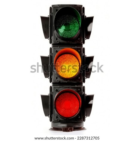 The traffic light is isolated on a white background. All three lights on the traffic light are on.