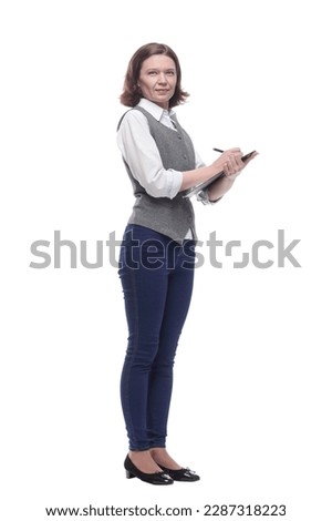 attractive mature woman with clipboard. isolated on a white