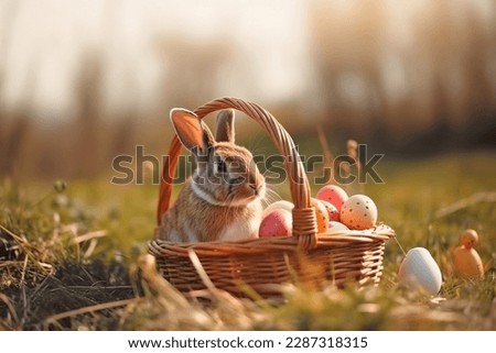 Easter bunny and Easter eggs on green grass field