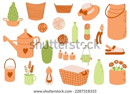 Garden set with water container, threads, candles, pot, bucket, bulb, cup, slipper shoes, hat, secateurs, thuja, flower, bottles, basket. Vector illustration.