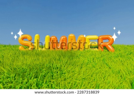 Web commercial mockup collage of word summer in 3d graphics outside under sunny weather green rural scenic land travel concept