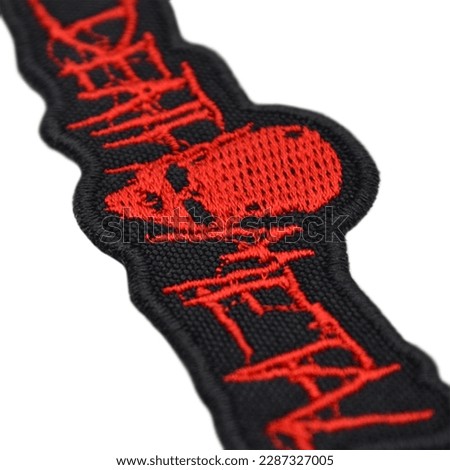 Embroidered patch depicting "Death Metal" skeleton, skull, death. Accessory for metalheads, punks, rockers, bikers, satanists, emo, street aggressive subcultures.