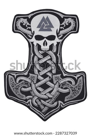 Embroidered patch depicting a skeleton, skull, death. Accessory for metalheads, punks, rockers, bikers, satanists, emo, street aggressive subcultures. Mjolnir.