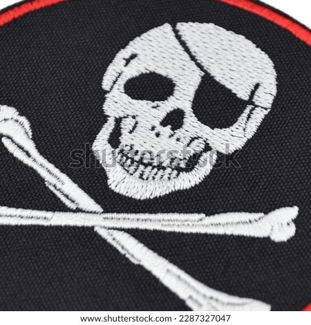 Embroidered patch depicting a skeleton, skull, death. Accessory for metalheads, punks, rockers, bikers, satanists, emo, street aggressive subcultures. Pirates style.