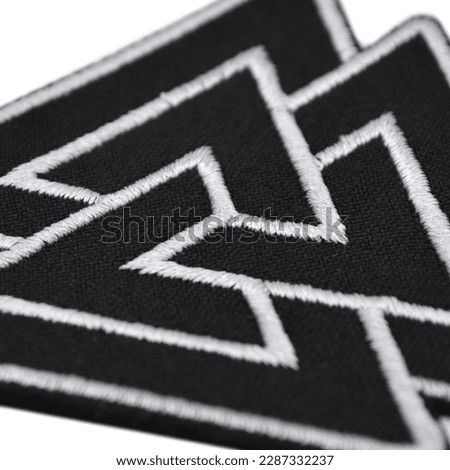 
Embroidered patch with valknut. Scandinavian mythology, Vikings, Nordic tradition. Accessory for metalheads, punks, rockers, bikers, satanists, emo, street aggressive subcultures.
