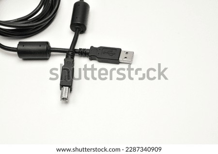 USB A and USB B male printer cable on isolated white background

