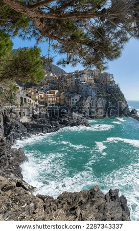Beautiful view of Manarola small village on the rock near Lerici, Cinque Terre in the Gulf of La Spezia (Golfo dei Poeti) Liguria, Italy