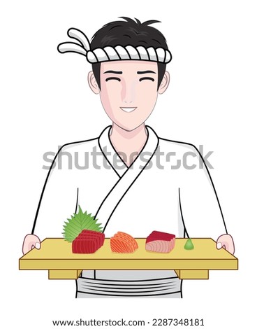 smart smiling Japanese young man in Japanese sushi chef uniform holding  three kinds of  Japanese  sashimi  serve in Japanese  wooden sushi  plate with wasabi and decoration with green leaf drawing in
