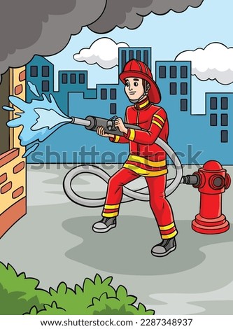 Fireman Profession Colored Cartoon Illustration