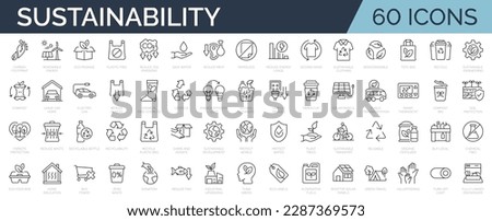 Set of 60 thin line icons related to sustainability, environmental, ecological, recyling, green, organic, industry. Linear ecology simple symbol collection.  vector illustration. Editable stroke Royalty-Free Stock Photo #2287369573