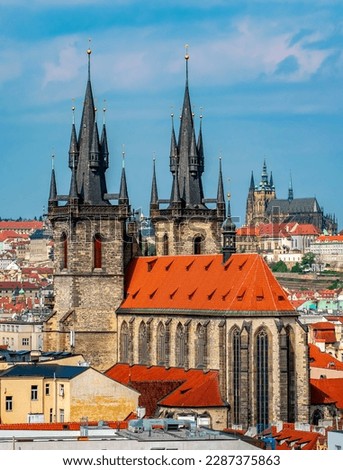 Church of Our Lady before Tyn with Prague Castle at background, Czech Republic