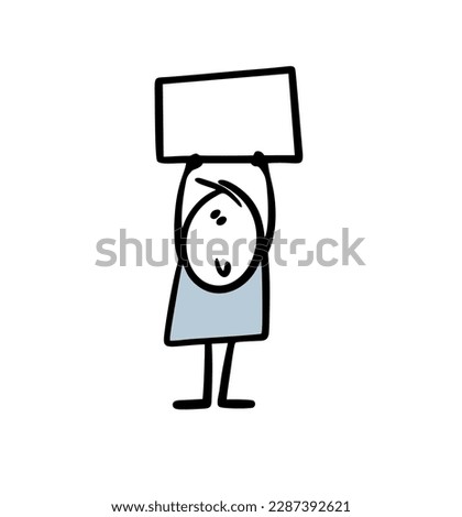 Hand drawn stickman holds up his hands and shows an empty sign for important information. Vector illustration of  cartoon character attracts attention and reports news.