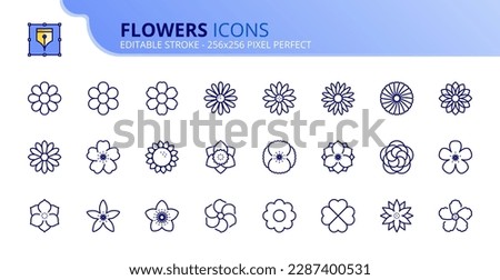 Line icons about flowers and plants. Contains such icons as rose, daisy, tulip, daffodil, sakura and cactus. Editable stroke Vector 256x256 pixel perfect Royalty-Free Stock Photo #2287400531
