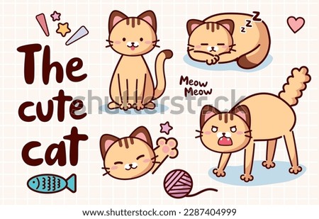 Set of cute cartoon brown cat with different emotions isolated on white background. Happy and angry cat. Clip art animal. Vector illustration