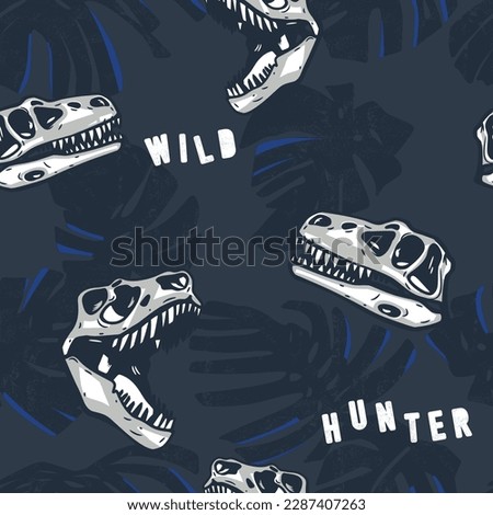 Dinosaur skull seamless pattern with tropical leaves.Fossil Hunter. Dinosaurs vector print.Fun t-shirt design for kids. Cute Dinosaur character design.