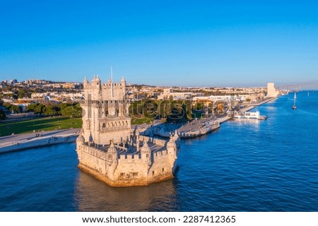 Aerial view of Torre de Belem in Lisbon, Portugal. Royalty-Free Stock Photo #2287412365