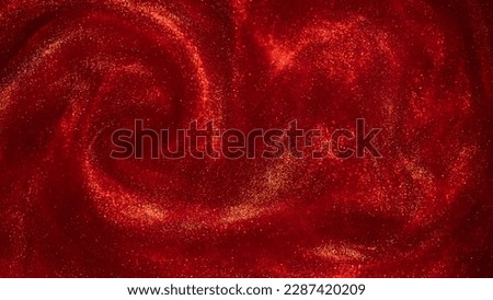 Swirls of Gold Dust Particles in Red Liquid. Magical waves of golden glittering particles in various hues of red with a depth of field. Abstract shiny background. Royalty-Free Stock Photo #2287420209