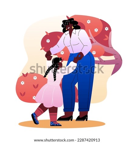 Mother and daughter. Happy family with mom and little girl. African American woman walking with child in park. Love, care and friendship between parents and children. Cartoon flat vector illustration