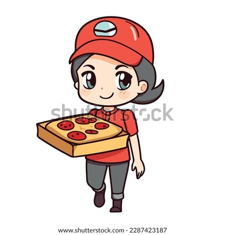 Mascot of cute pizza delivery girl holding pizza box. Cartoon flat character vector illustration