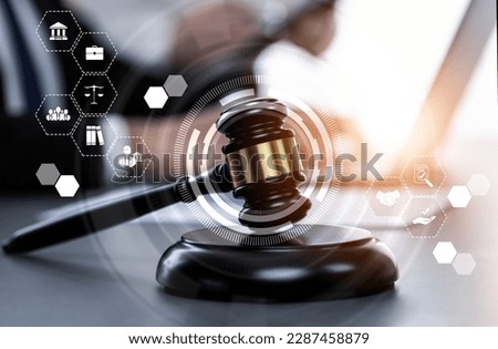 Smart law, legal advice icons and lawyer working tools in the lawyers office showing concept of digital law and online technology of astute law and regulations . Royalty-Free Stock Photo #2287458879