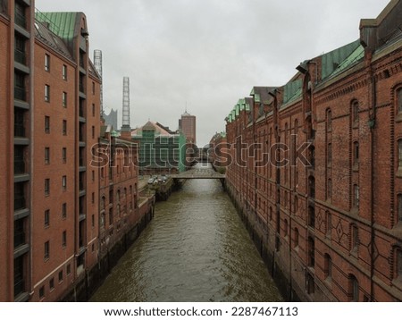 The Warehouse district Speicherstadt during spring in Hamburg, Germany. Warehouses in Hafencity quarter in Hamburg. High quality photo