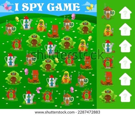 I spy game fairytale magic houses and dwellings. Kids vector math brainteaser riddle with cartoon teacup, watering can, pear and strawberry, boot and cabbage fantasy fairy tale homes on summer meadow Royalty-Free Stock Photo #2287472883