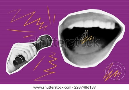 Public speaker, halftone collage. Female mouth with microphone in hand. Interview, news, speech, presentation, discussion or public speaking. Loud voice, cry, song or karaoke. Contemporary art, vector