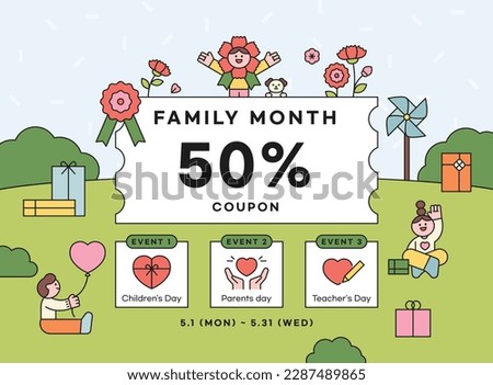 Family month event. Coupons,gifts,flowers and children on park background. banner template.